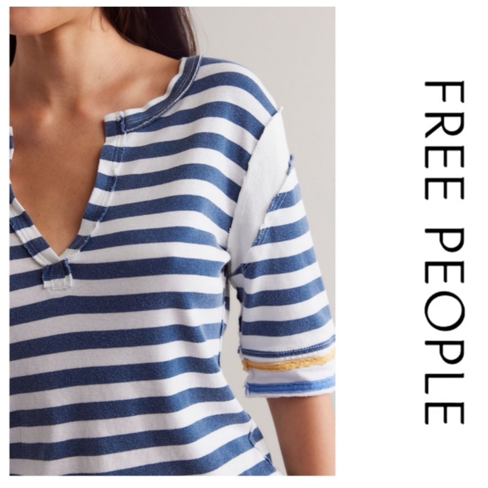🚩NwT’’s-$70 FREE PEOPLE Fast Line Tee Lightweight Shirt Striped L *Exposed Seams